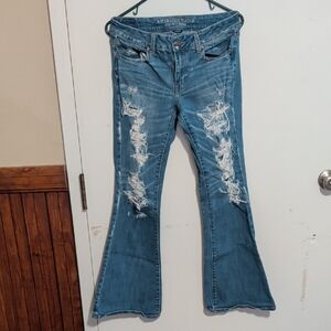 American Eagle Outfitters Women's Flare Distressed Jeans - Blue